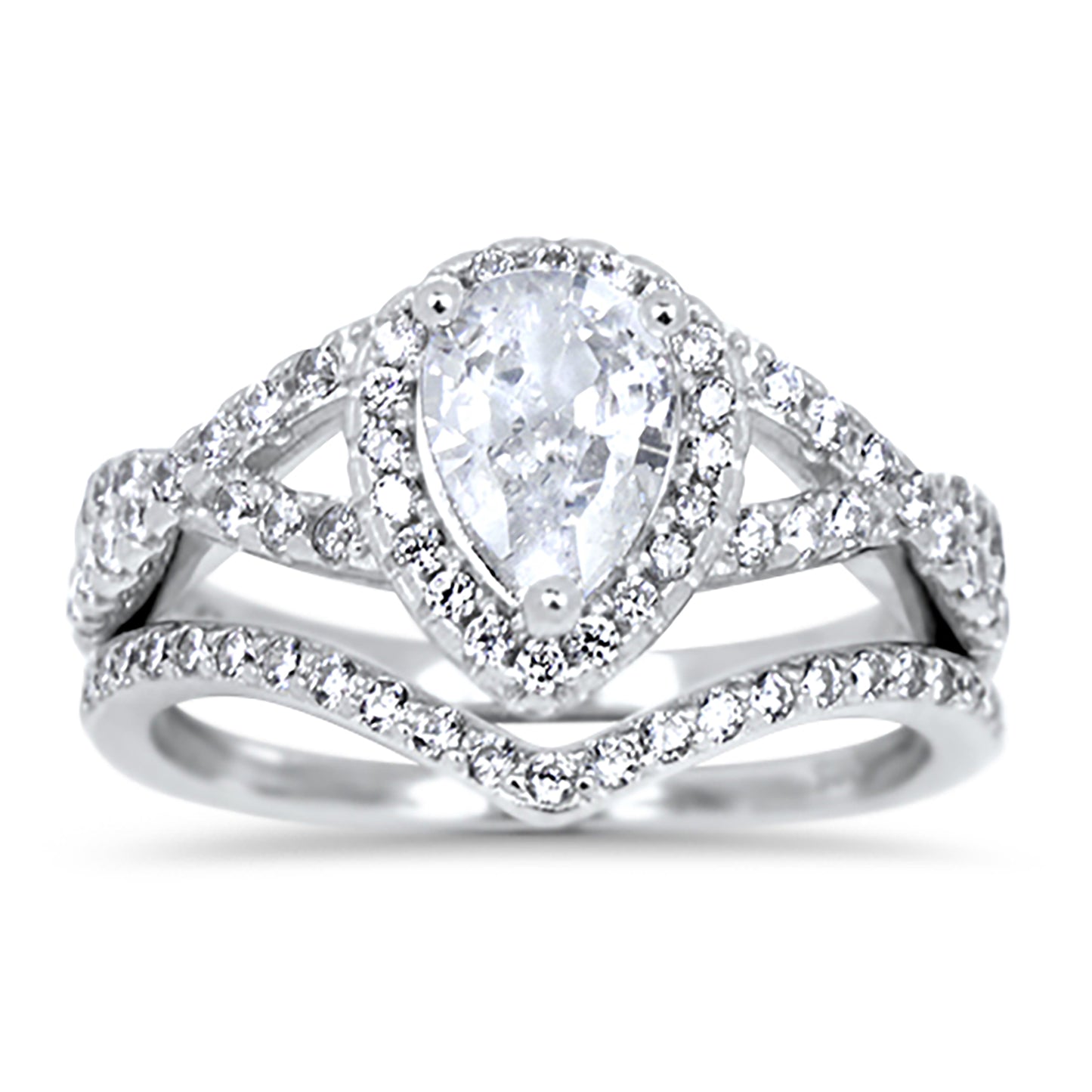 1 Carat Pear Cut CZ Vintage Design Silver Wedding Engagement Ring Set
