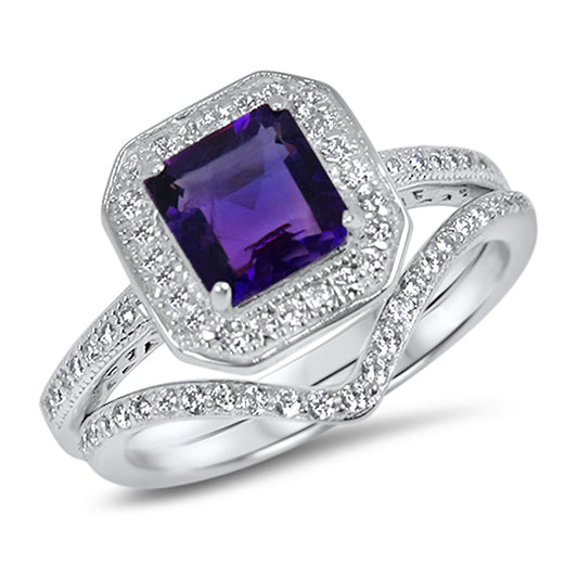1 Carat Princess Cut Genuine Amethyst and CZ Silver Wedding Engagement Ring Set