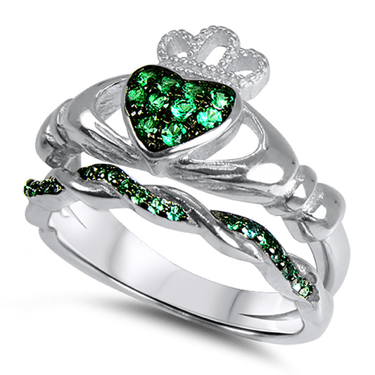 Green Emerald Color Cubic Zirconia Sterling Silver Claddagh Wedding Set
