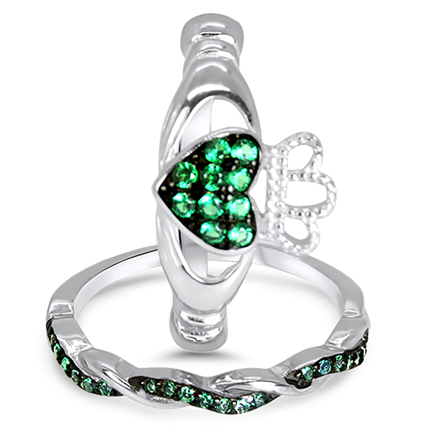 Green Emerald Color Cubic Zirconia Sterling Silver Claddagh Wedding Set