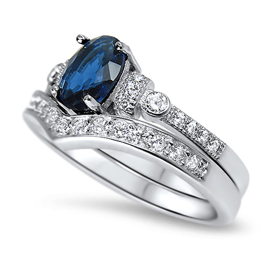 3/4 Carat Oval Simulated Blue Simulated Sapphire Wedding Engagement Ring Set for Women