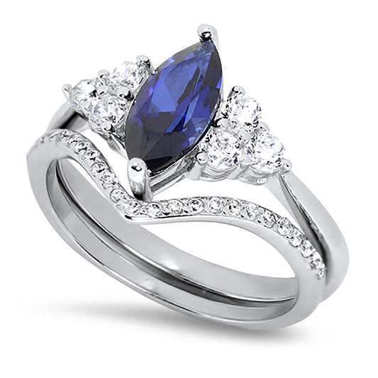 1.25 Carat Marquise Cut Dark Blue CZ Sterling Silver Wedding Engagement Ring Set