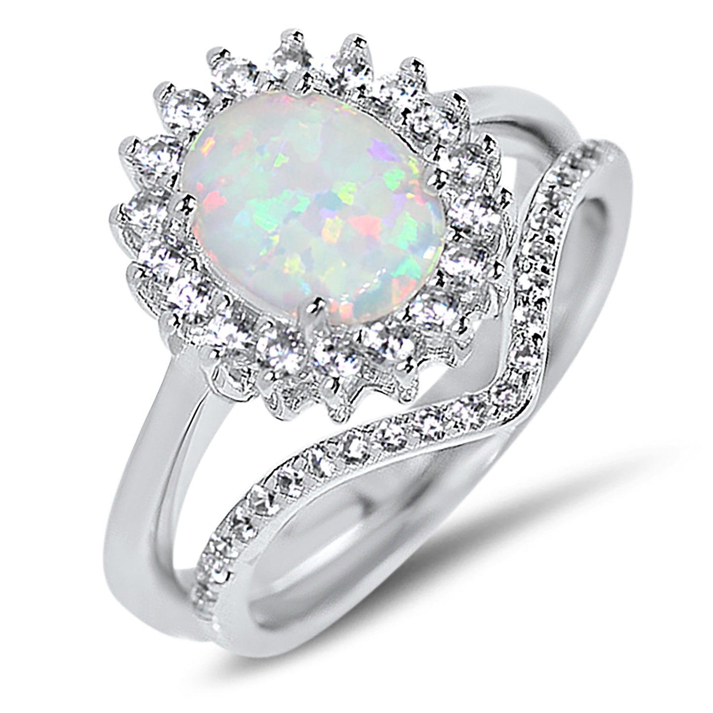 1 Carat Lab Created White Opal Sterling Silver Wedding Ring Set