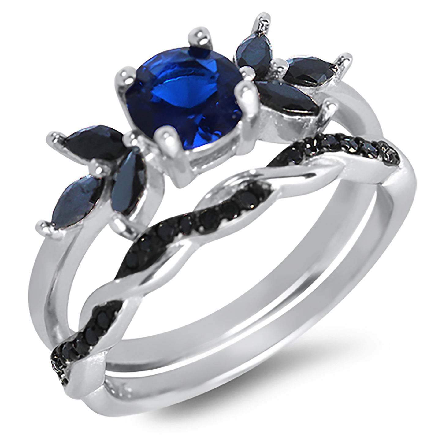 1 Carat Round Blue Black CZ Wedding Engagement Ring Set for Women