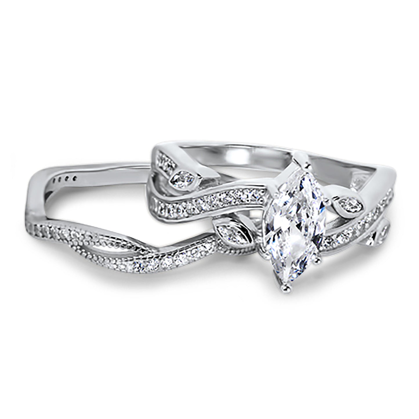 1.25 Carat Marquise Cut CZ Sterling Silver Wedding Engagement Ring Set