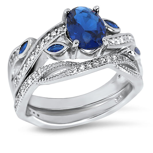 1 Carat Oval Cut Blue CZ Sterling Silver Wedding Ring Set