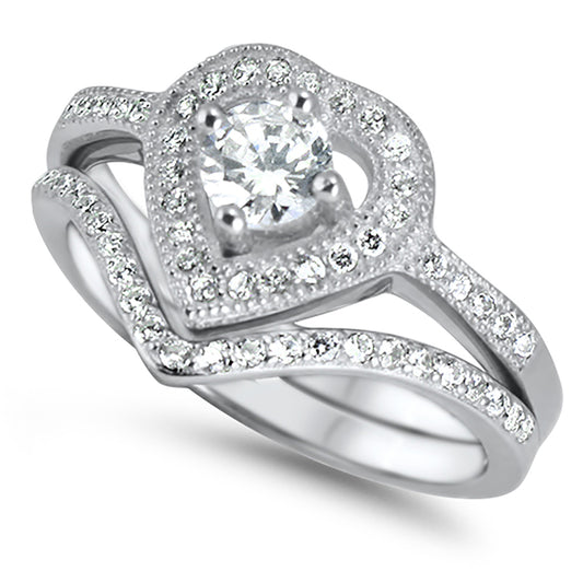 3/4 Carat Heart Cut CZ Sterling Silver Wedding Engagement Ring Set