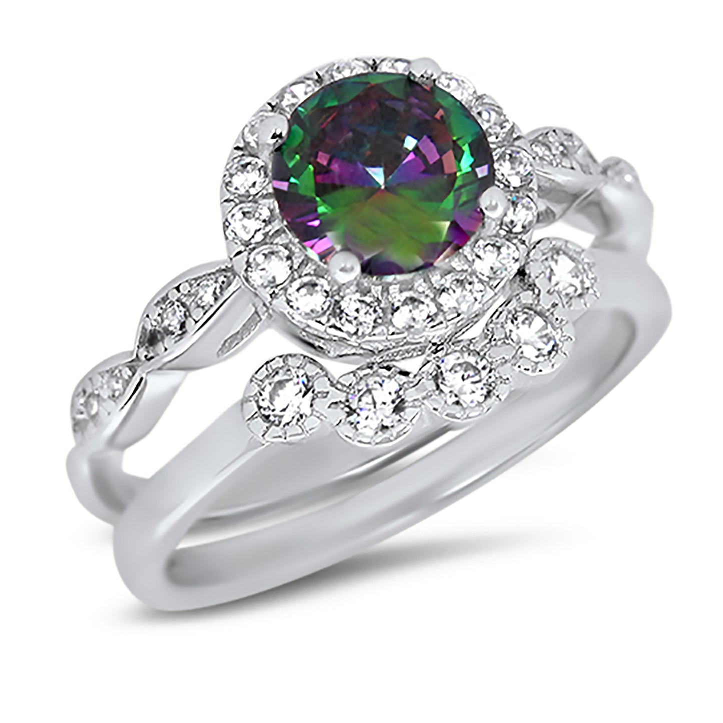 1 Carat Round Black Rainbow Topaz CZ Wedding Engagement Ring Set for Women