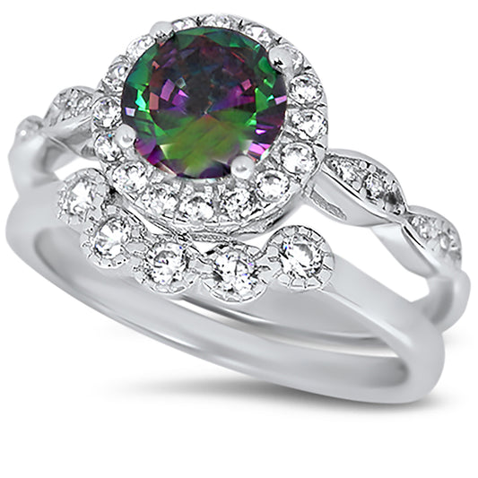 1 Carat Round Black Rainbow Topaz CZ Wedding Engagement Ring Set for Women