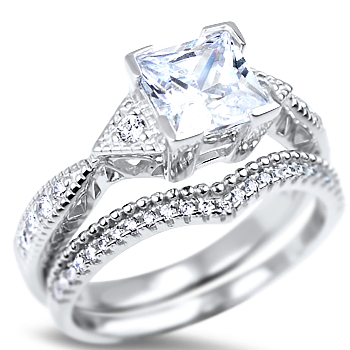 1 Carat Princess CZ Silver Wedding Ring Set