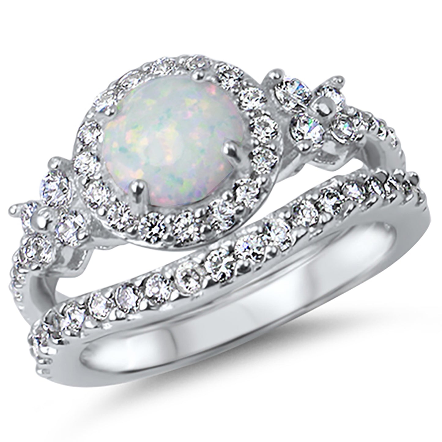 1 Carat Lab Opal and CZ Sterling Silver Vintage Wedding Engagement Ring Set
