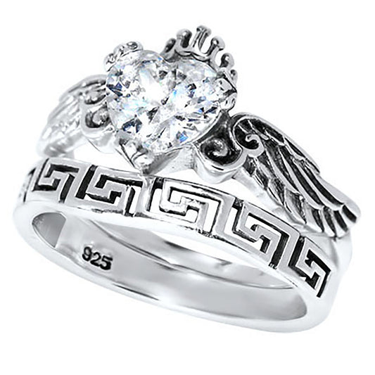 1 Carat Heart Cut White CZ Angel Wing Sterling Silver Wedding Engagement Ring Set