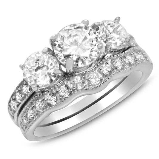 Traditional Design 3 Stone CZ Sterling Silver Wedding Engagement Ring Set
