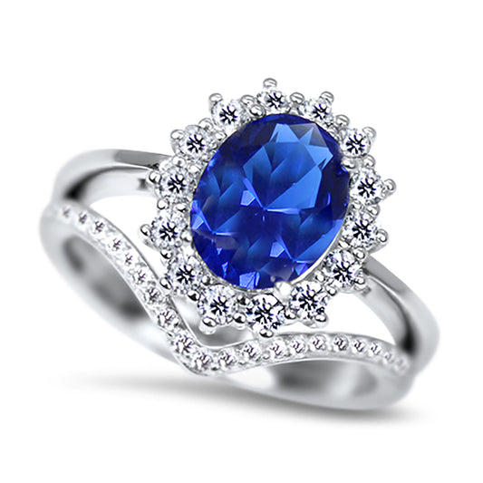 1 Carat Simulated Blue Sapphire Halo Setting Silver Wedding Engagement Ring Set