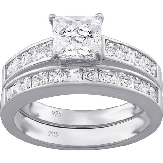 1 Carat Princess Cut CZ Sterling Silver Wedding Engagement Ring Set