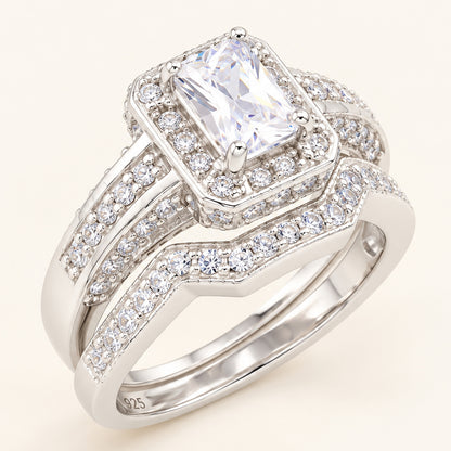 1 Carat Emerald Cut Cubic Zirconia Wedding Ring Set Sterling Silver