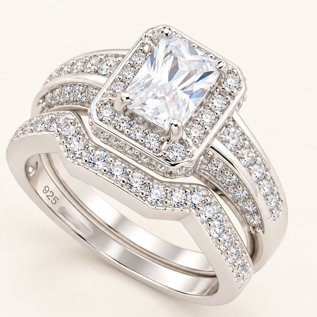 1 Carat Emerald Cut Cubic Zirconia Wedding Ring Set Sterling Silver