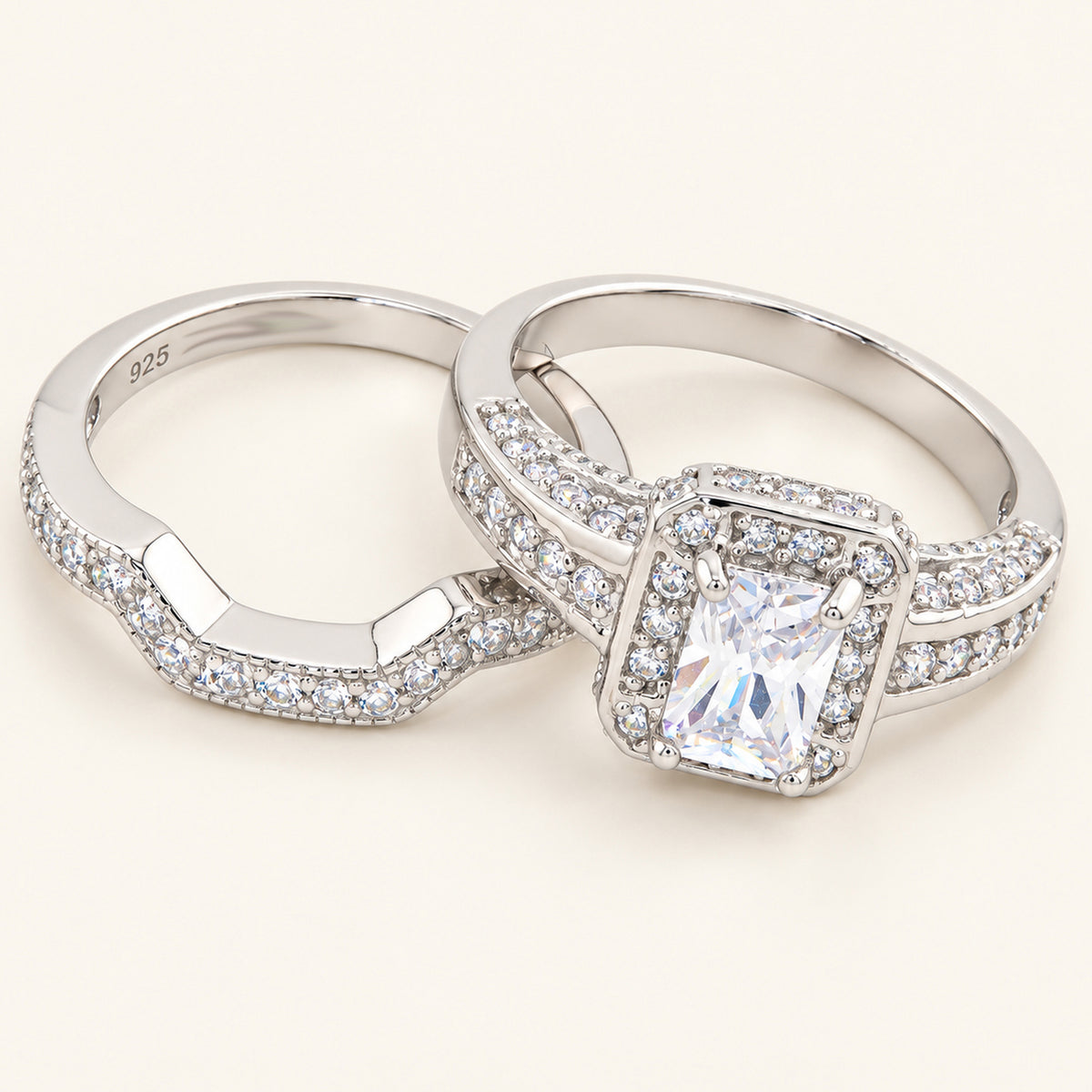 1 Carat Emerald Cut Cubic Zirconia Wedding Ring Set Sterling Silver