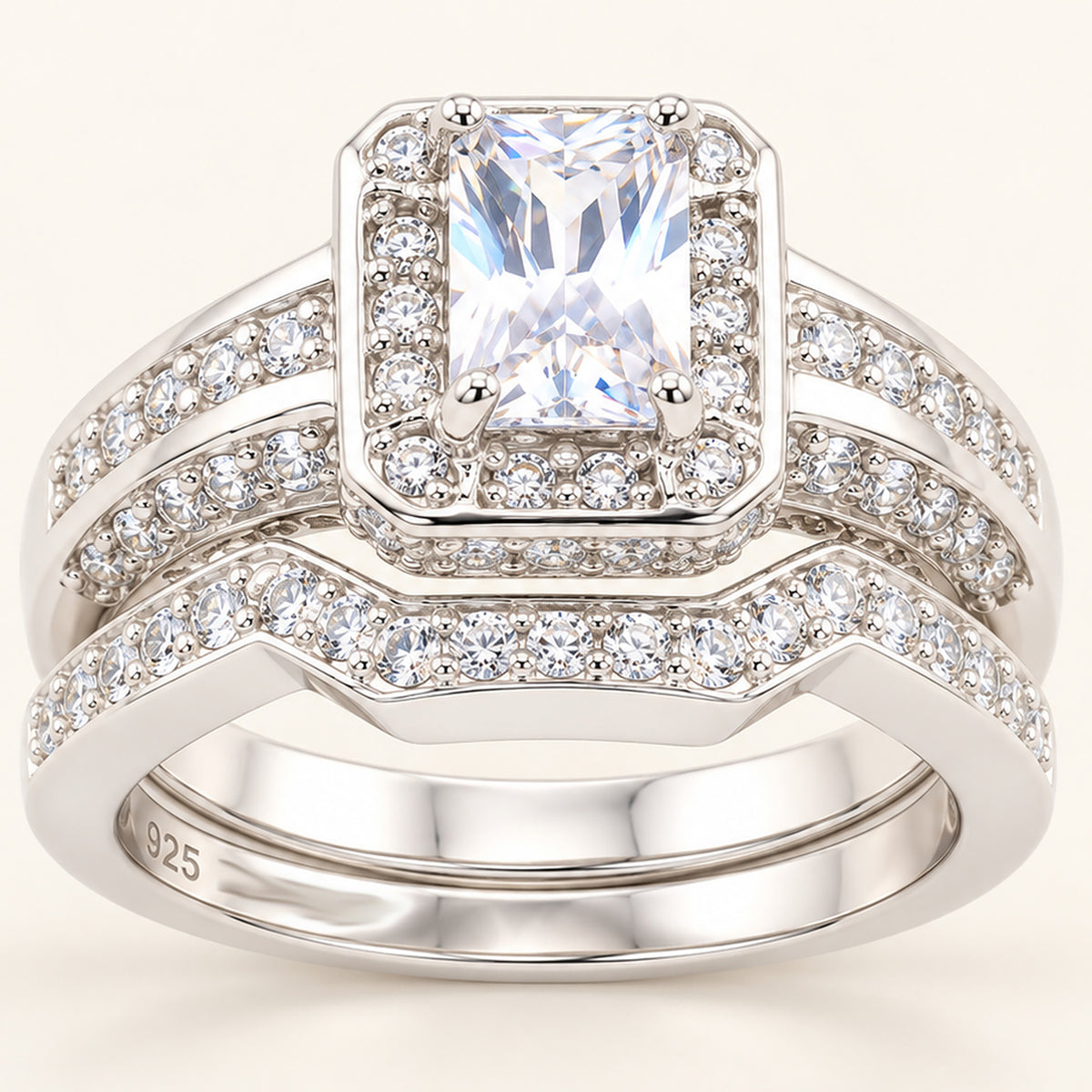 1 Carat Emerald Cut Cubic Zirconia Wedding Ring Set Sterling Silver
