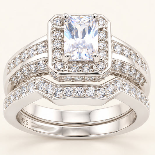 1 Carat Emerald Cut Cubic Zirconia Wedding Ring Set Sterling Silver