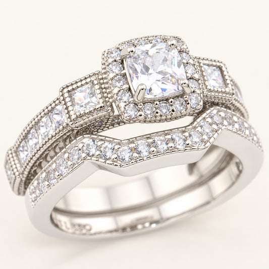 1 Carat Princess Cut Unique Vintage CZ Wedding Engagement Ring Set