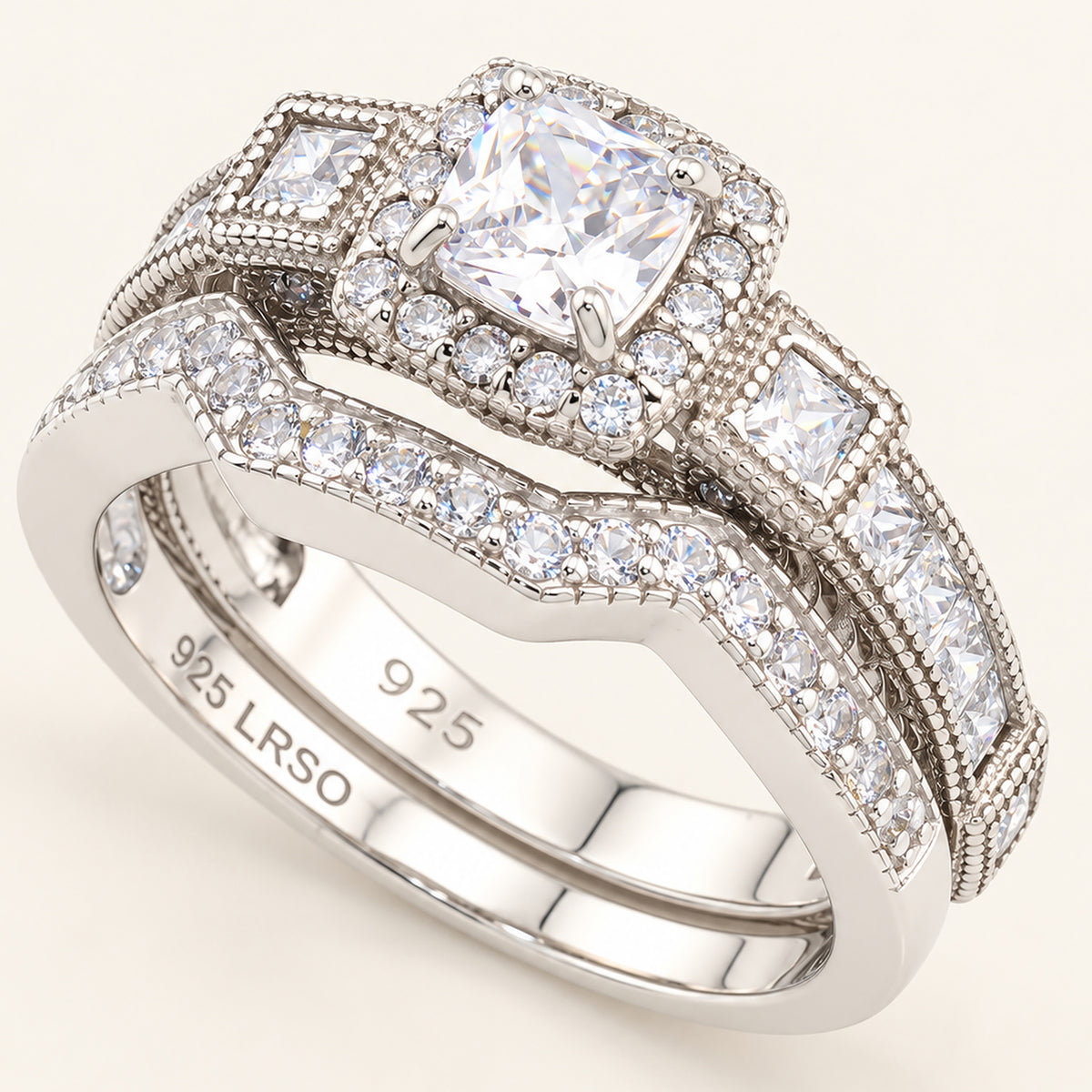 1 Carat Princess Cut Unique Vintage CZ Wedding Engagement Ring Set