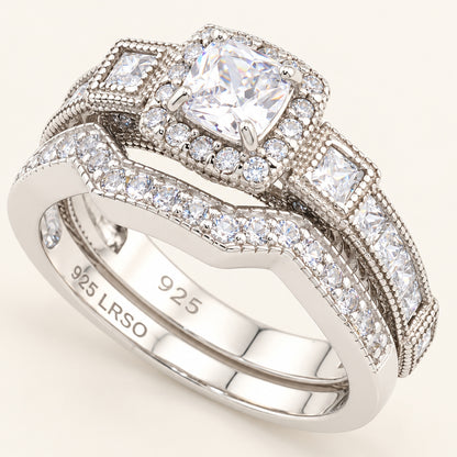 1 Carat Princess Cut Unique Vintage CZ Wedding Engagement Ring Set