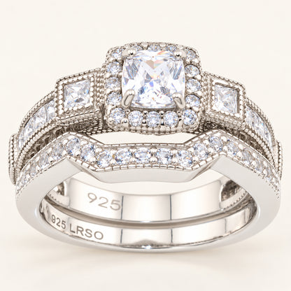 1 Carat Princess Cut Unique Vintage CZ Wedding Engagement Ring Set