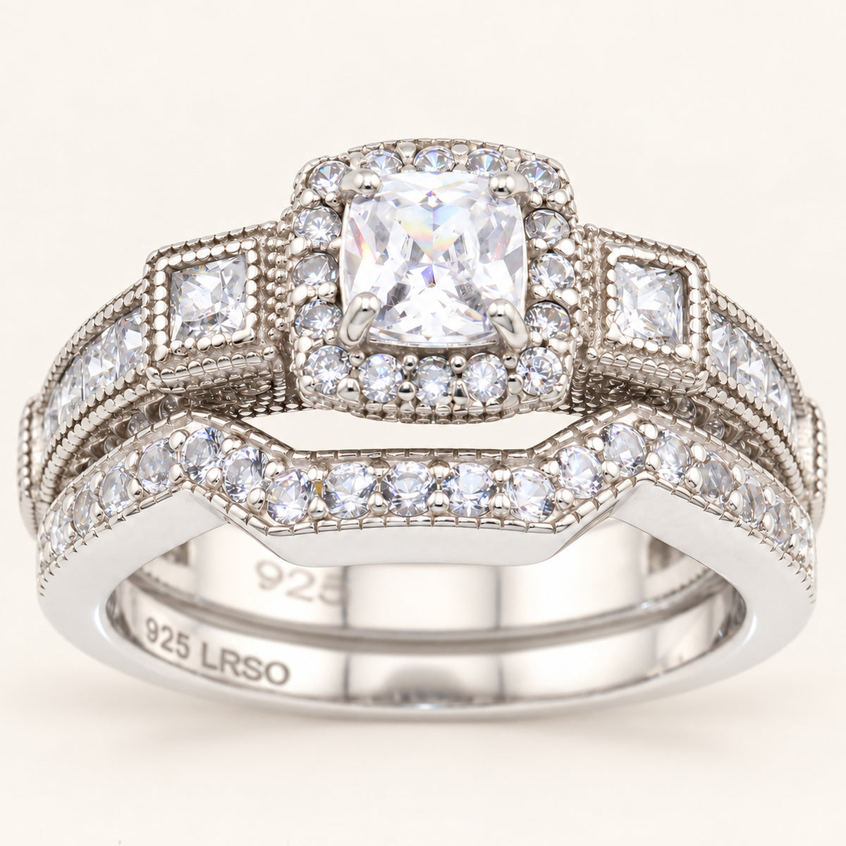 1 Carat Princess Cut Unique Vintage CZ Wedding Engagement Ring Set