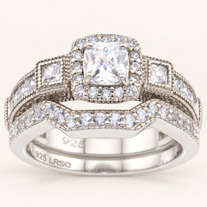 1 Carat Princess Cut Unique Vintage CZ Wedding Engagement Ring Set