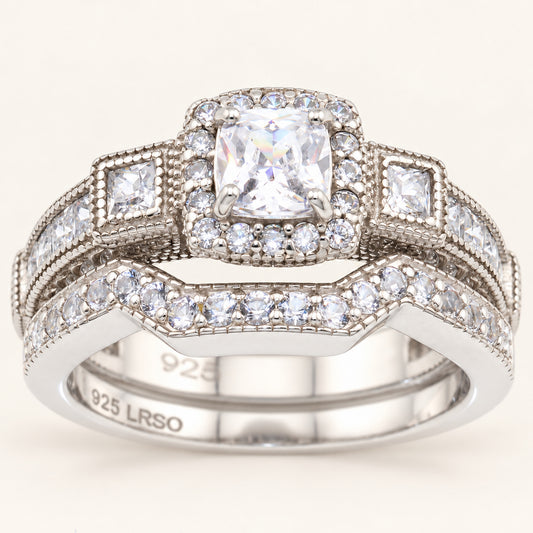 1 Carat Princess Cut Unique Vintage CZ Wedding Engagement Ring Set
