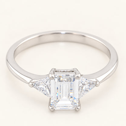 3/4 Carat Emerald Cut Cubic Zirconia 3 Stone Sterling Silver Engagement Ring