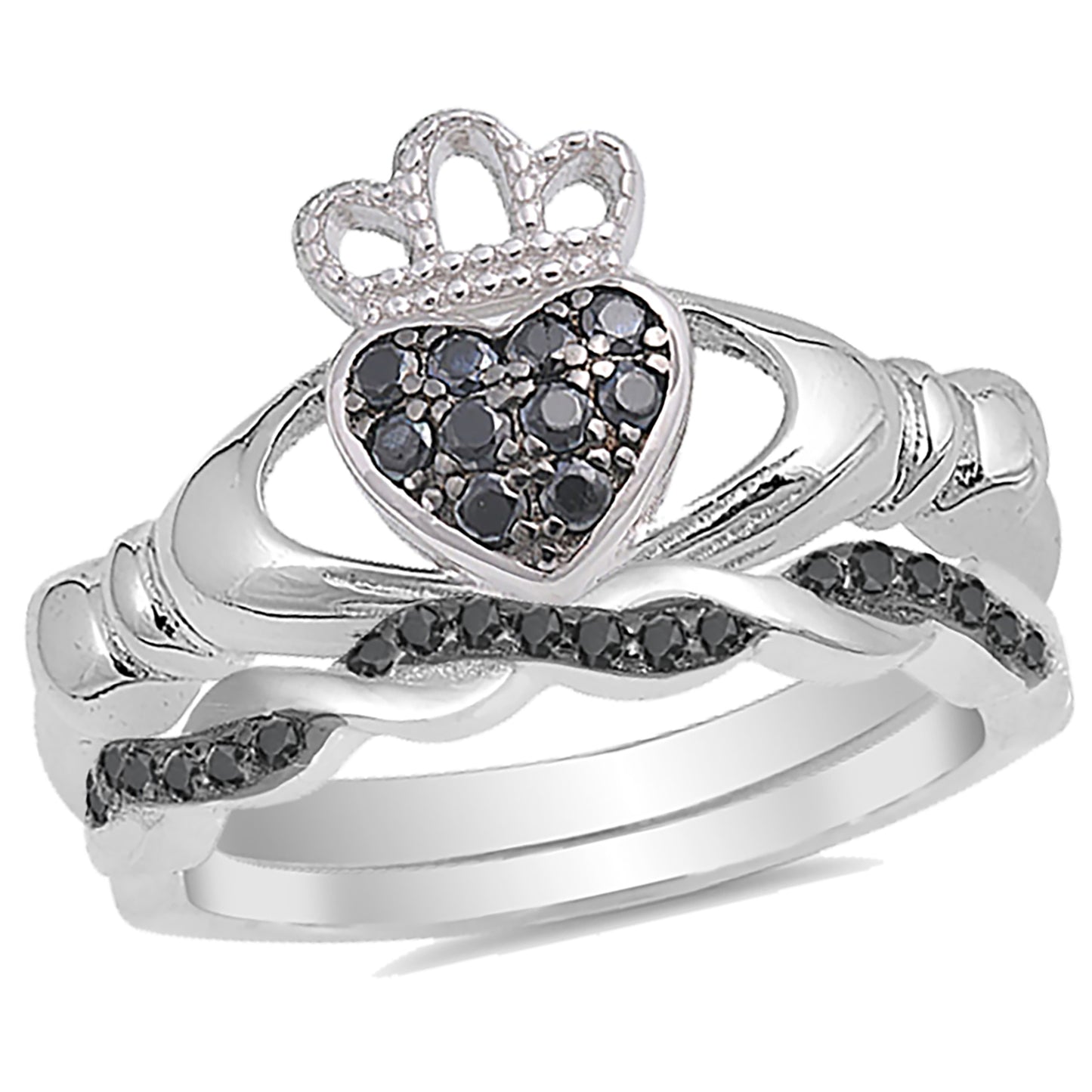 Black White CZ Sterling Silver Unique Wedding Ring Set for Women