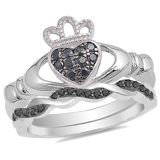 Black White CZ Sterling Silver Unique Wedding Ring Set for Women
