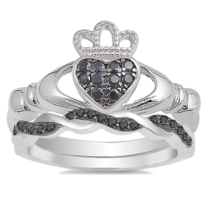 Black White CZ Sterling Silver Unique Wedding Ring Set for Women