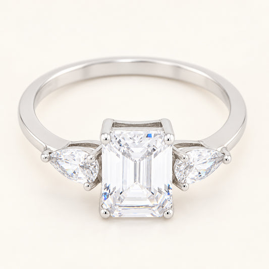 Emerald Cut Three Stone Cubic Zirconia Sterling Silver Engagement Ring
