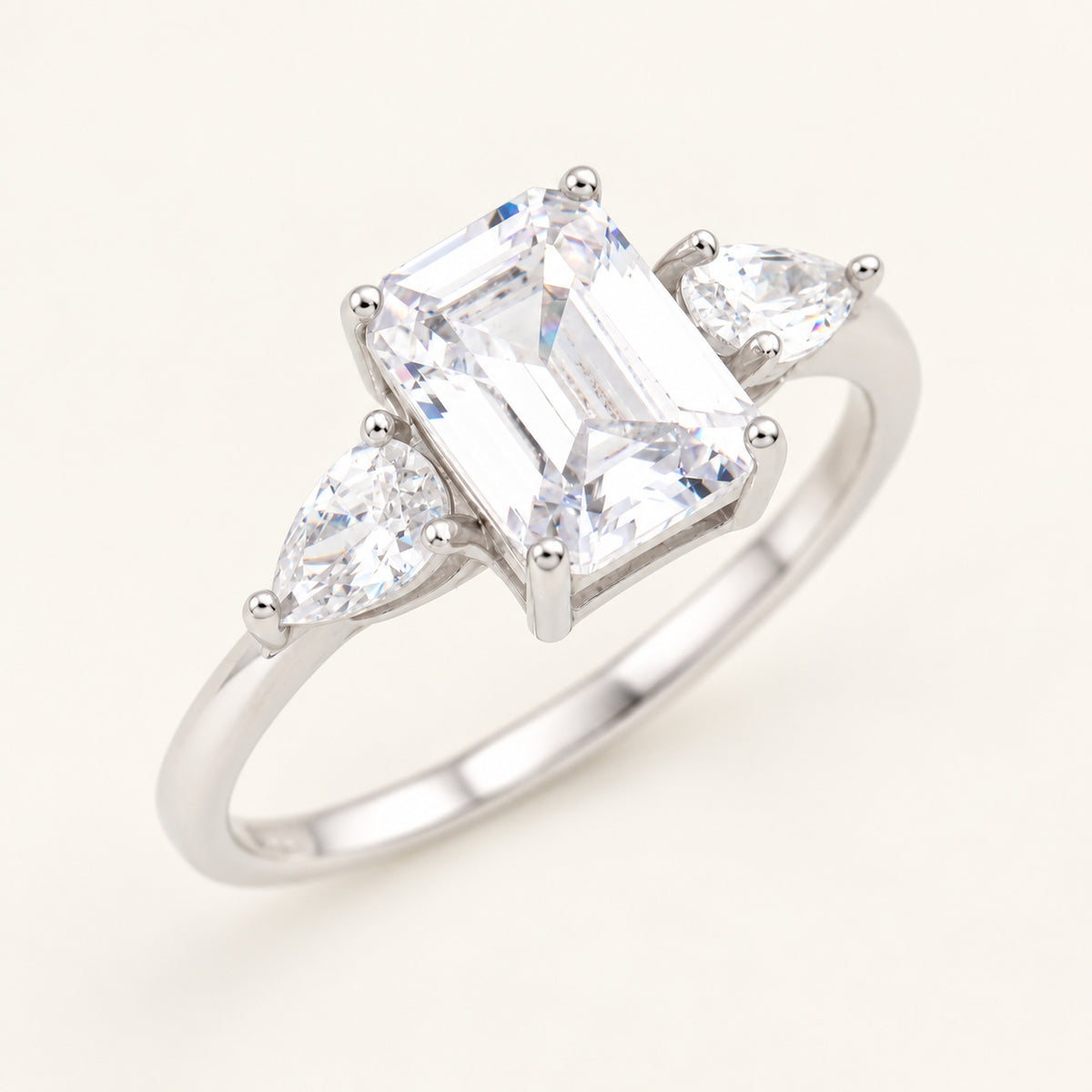 Emerald Cut Three Stone Cubic Zirconia Sterling Silver Engagement Ring