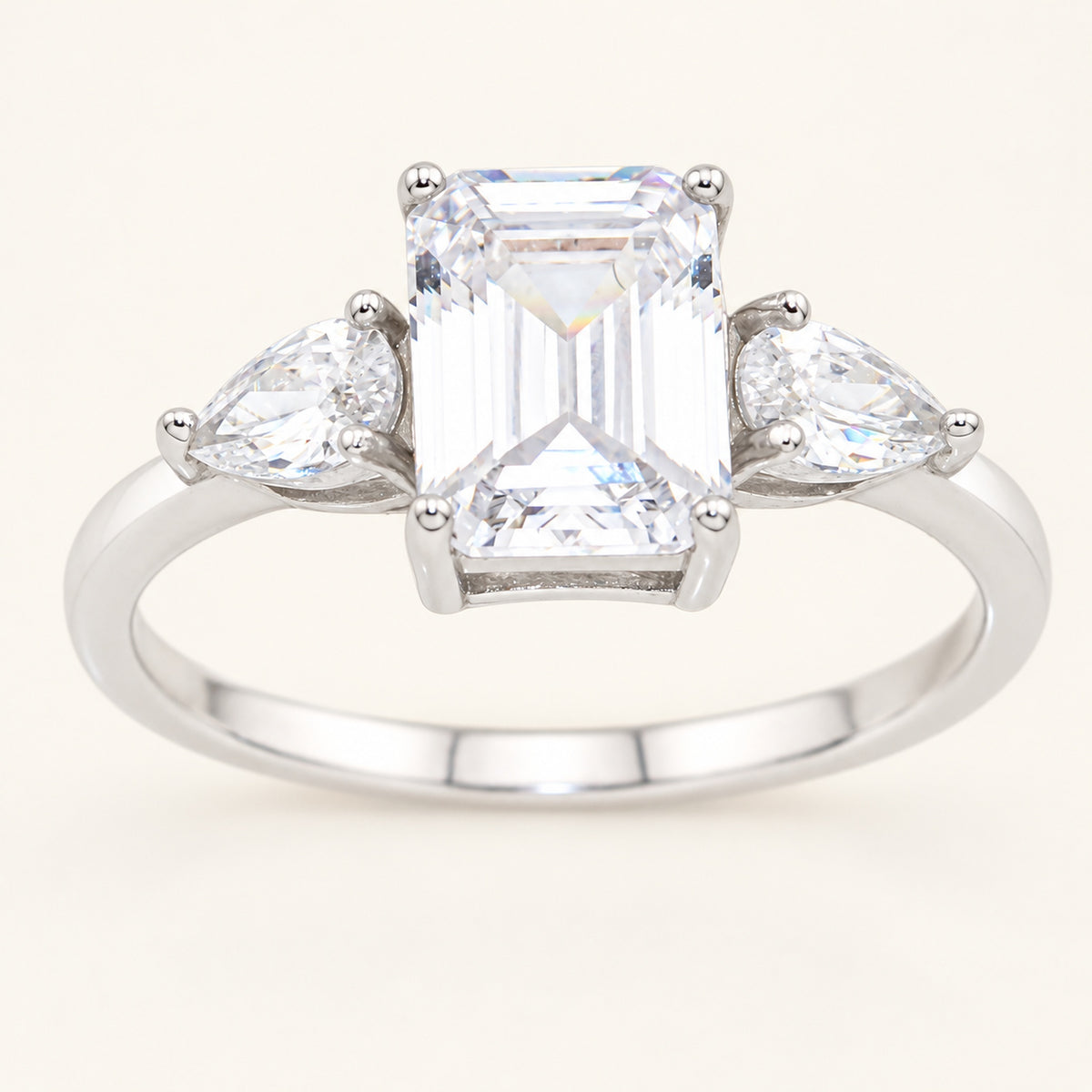 Emerald Cut Three Stone Cubic Zirconia Sterling Silver Engagement Ring
