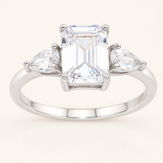 Emerald Cut Three Stone Cubic Zirconia Sterling Silver Engagement Ring