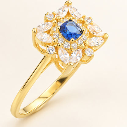 Vintage Style Simulated Sapphire Blue CZ Gold Plated Silver Ring