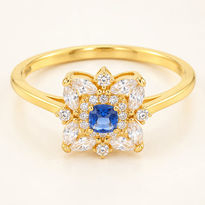 Vintage Style Simulated Sapphire Blue CZ Gold Plated Silver Ring