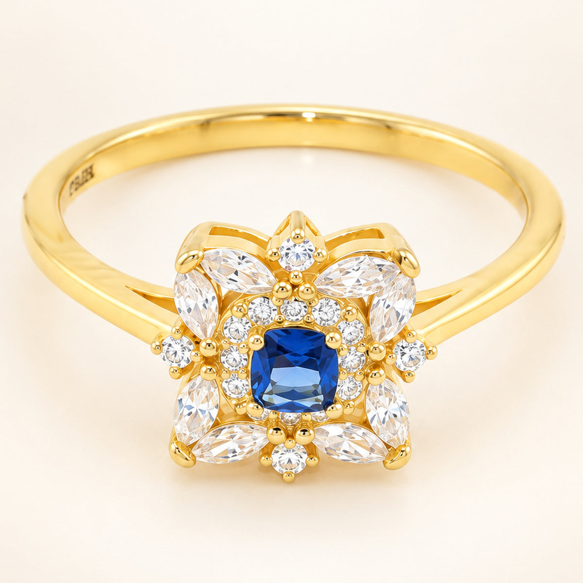 Vintage Style Simulated Sapphire Blue CZ Gold Plated Silver Ring