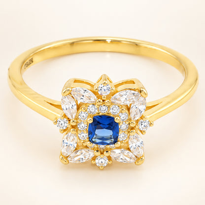 Vintage Style Simulated Sapphire Blue CZ Gold Plated Silver Ring
