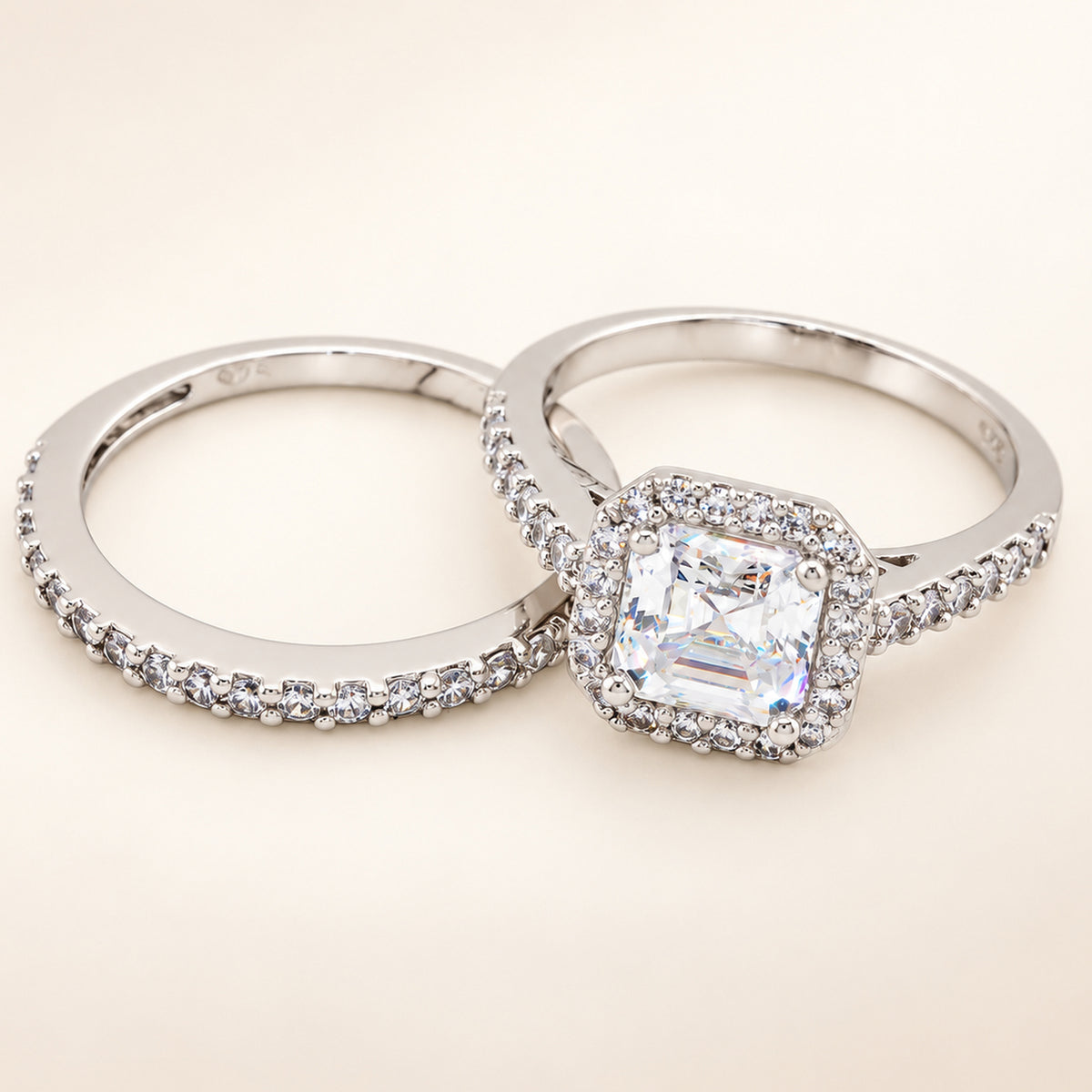 Princess Cut Halo Wedding Engagement Ring Set in Sterling Silver