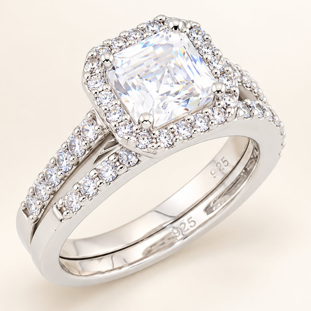 Princess Cut Halo Wedding Engagement Ring Set in Sterling Silver