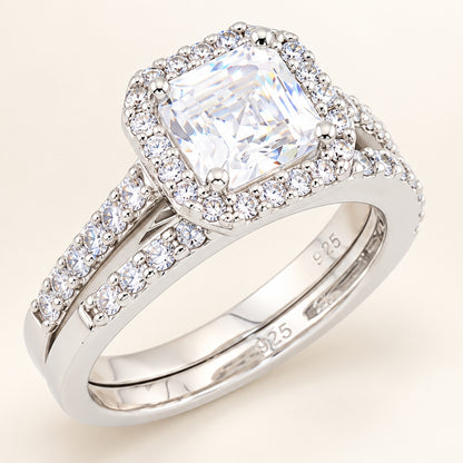 Princess Cut Halo Wedding Engagement Ring Set in Sterling Silver