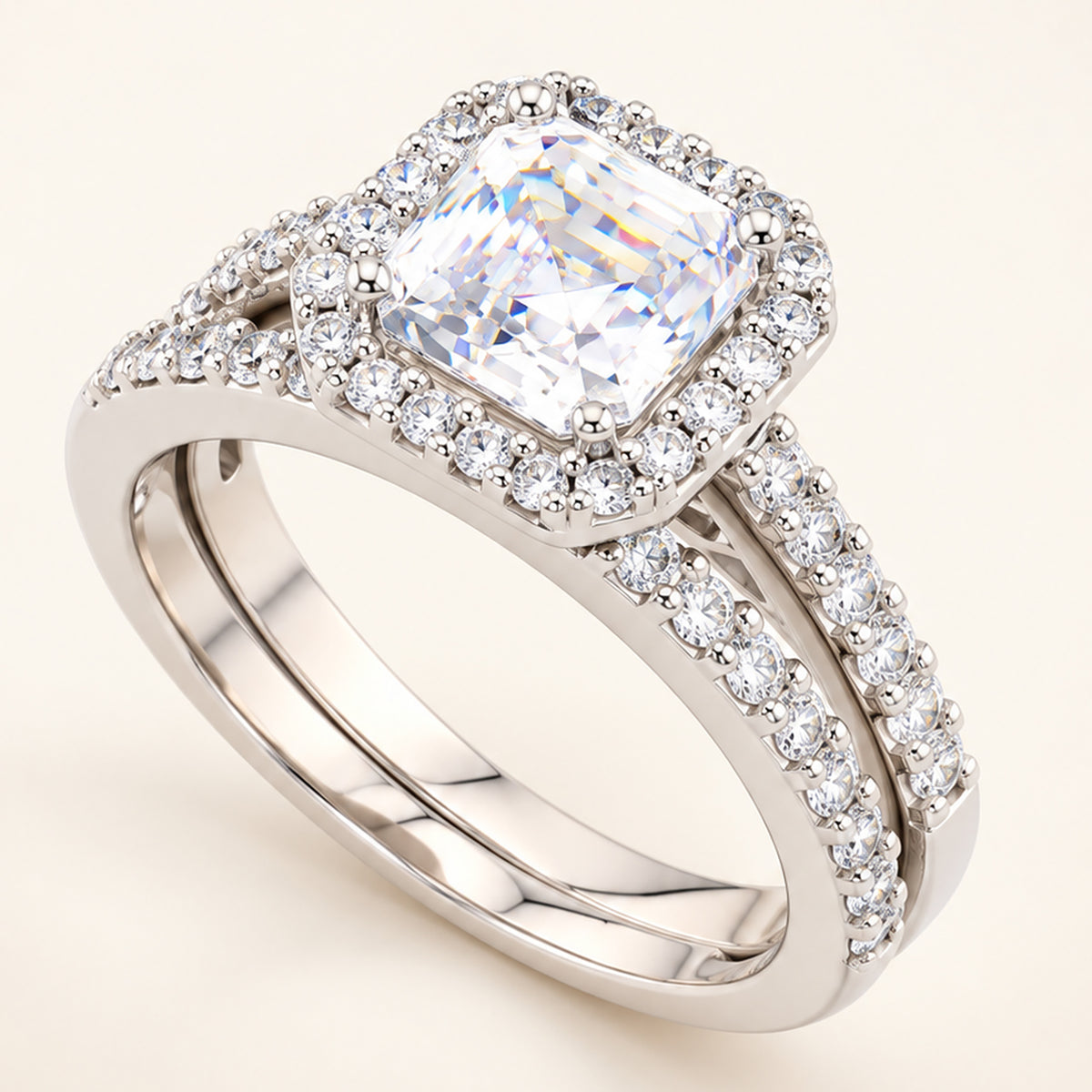 Princess Cut Halo Wedding Engagement Ring Set in Sterling Silver