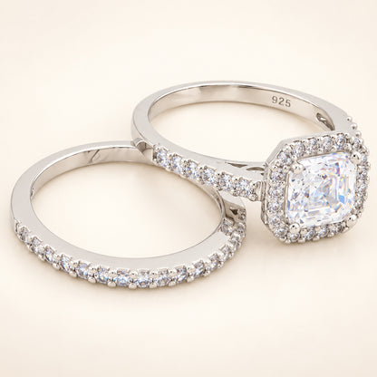 Princess Cut Halo Wedding Engagement Ring Set in Sterling Silver