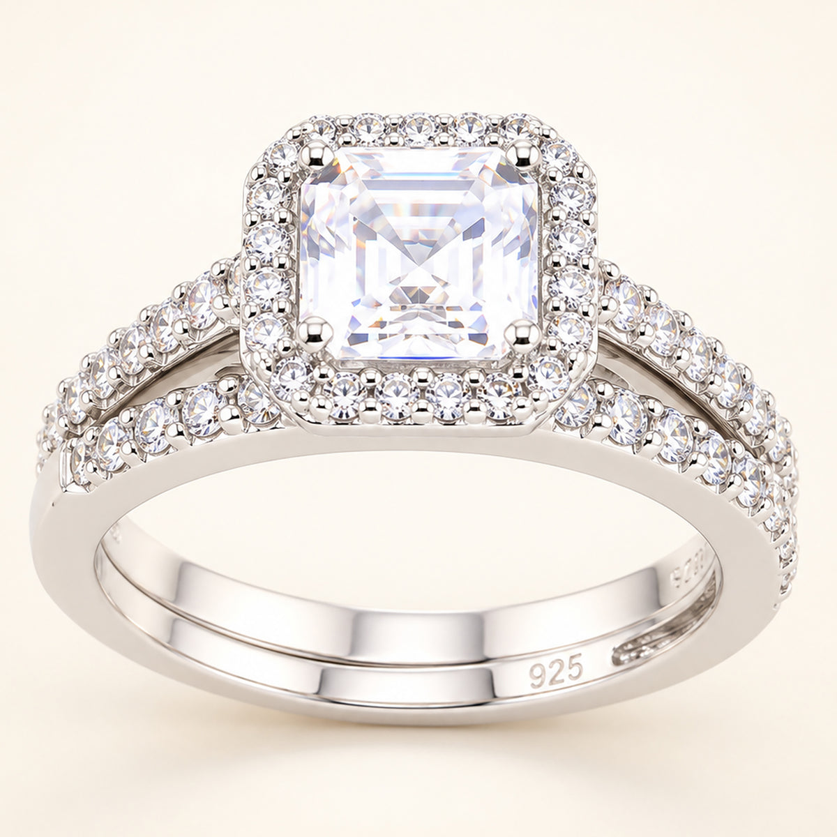 Princess Cut Halo Wedding Engagement Ring Set in Sterling Silver