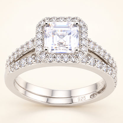 Princess Cut Halo Wedding Engagement Ring Set in Sterling Silver